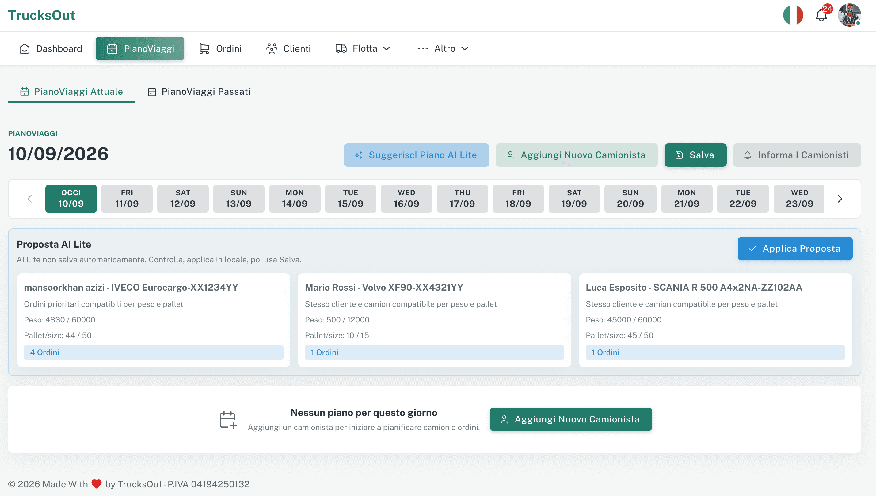 Proposta di Piano Viaggi con Planning AI Lite in TrucksOut