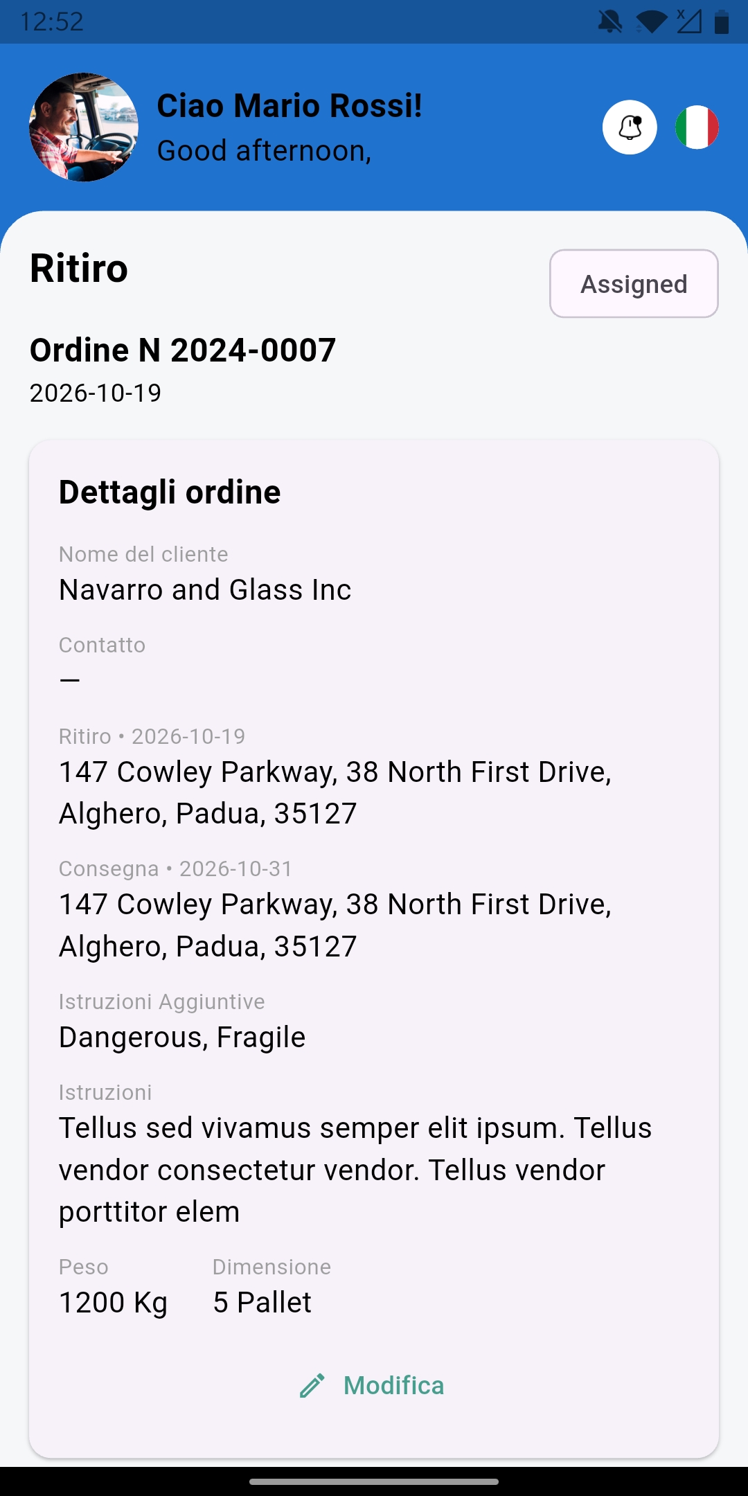 Dettaglio ordine TrucksOut con ritiro e consegna