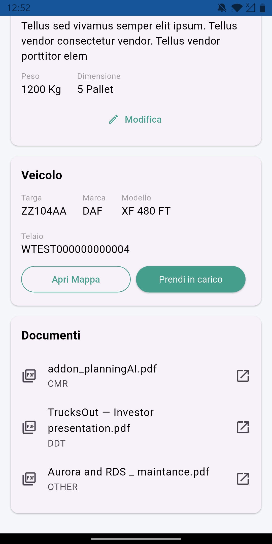 App Mobile TrucksOut con documenti DDT associati all’ordine
