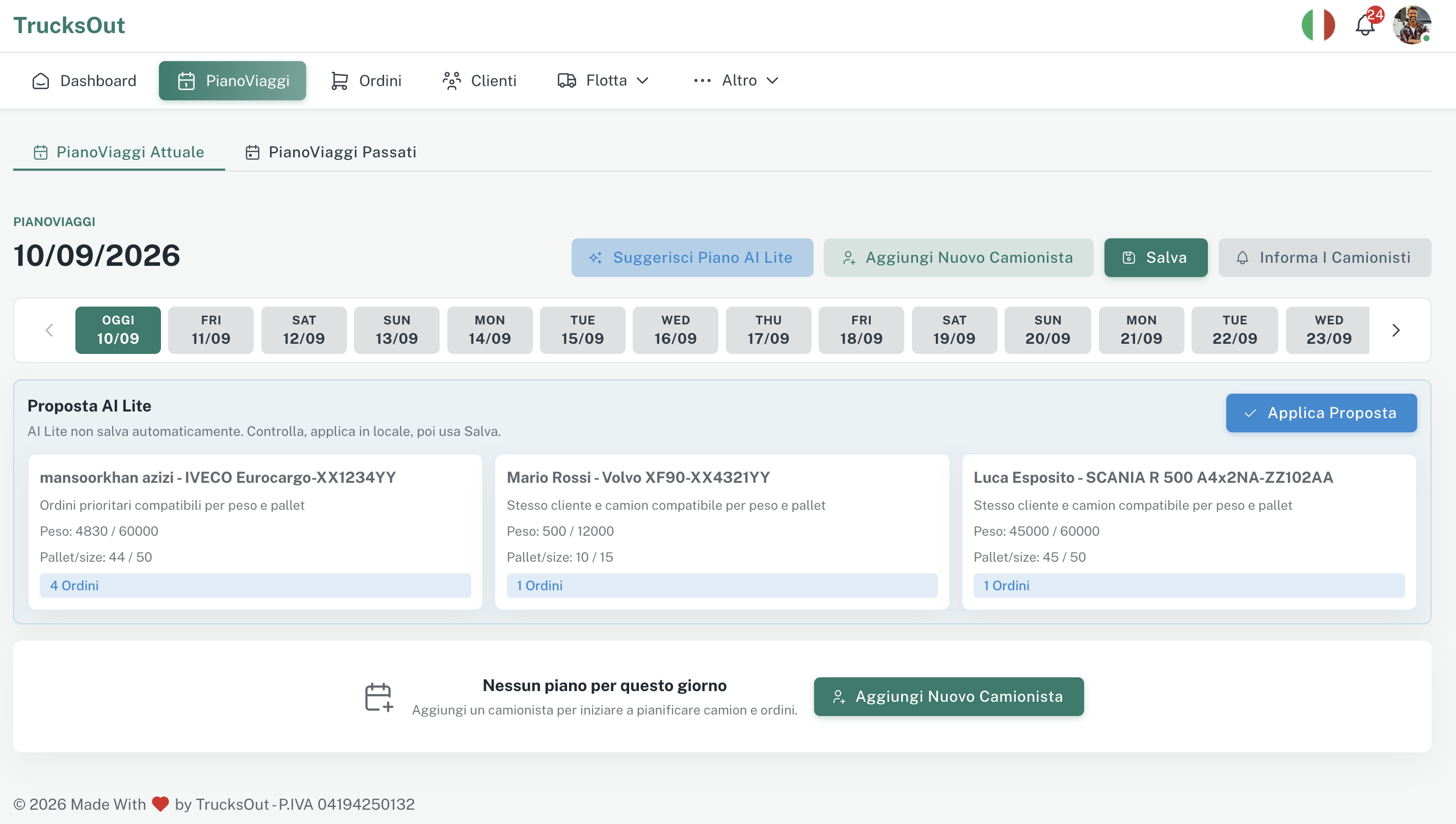 Proposta di Piano Viaggi con Planning AI Lite in TrucksOut
