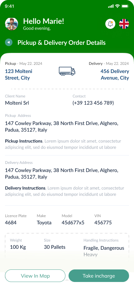 Dettaglio ordine sull’app driver TrucksOut