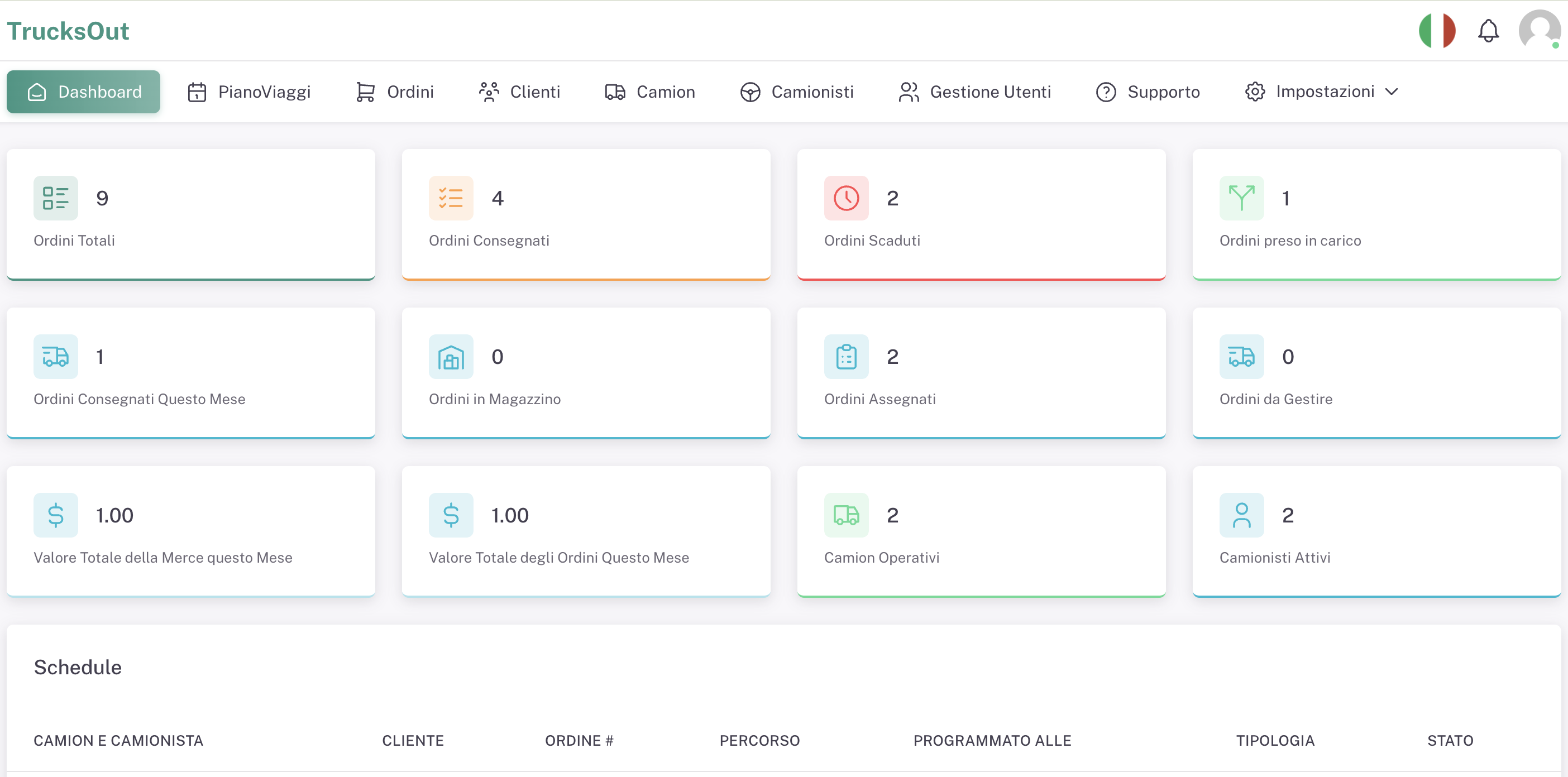Anteprima dashboard web TrucksOut per pianificazione e gestione operativa